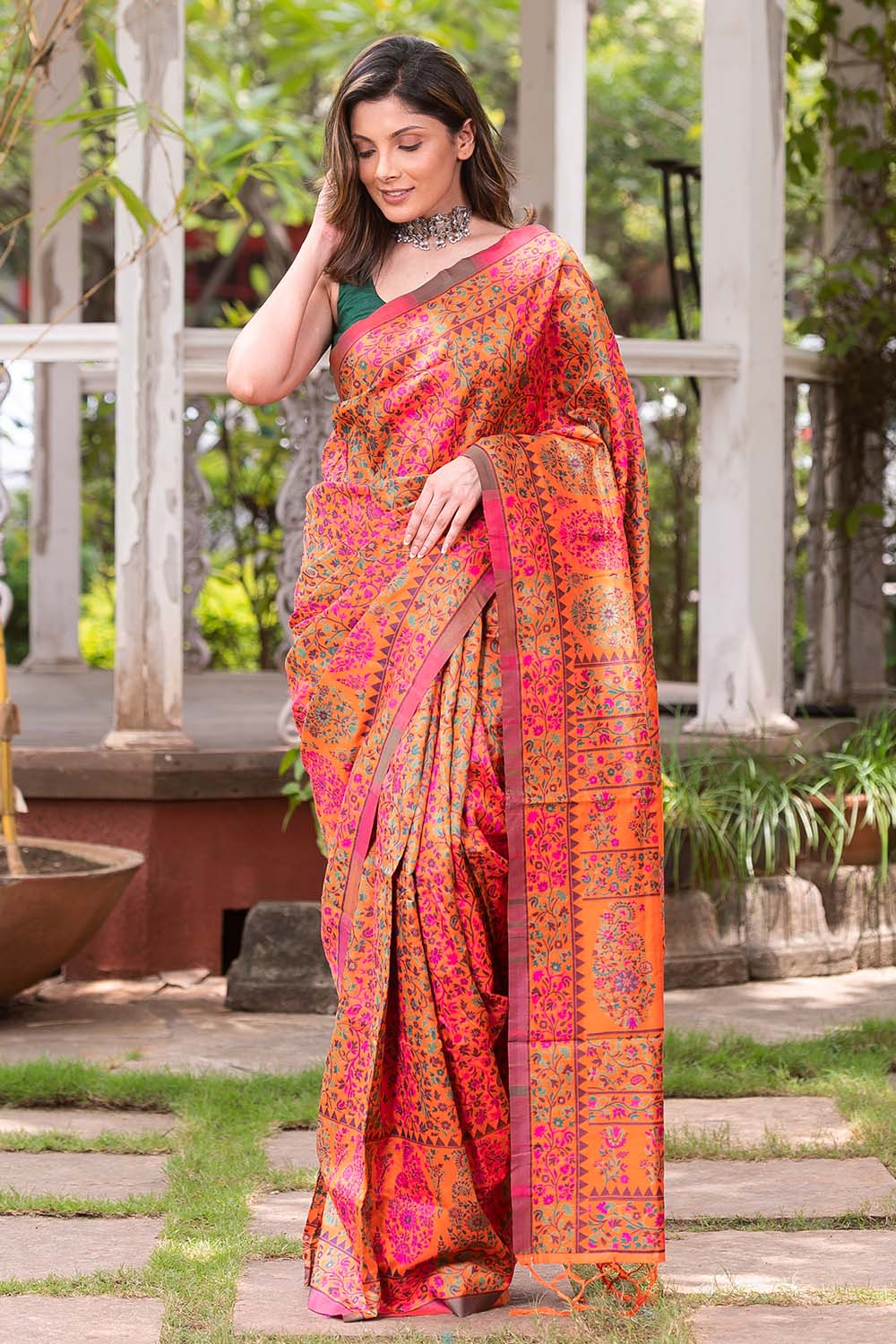 Flame Orange & Pink Zari Woven Banarasi Silk Saree - Mejaaz Fashion