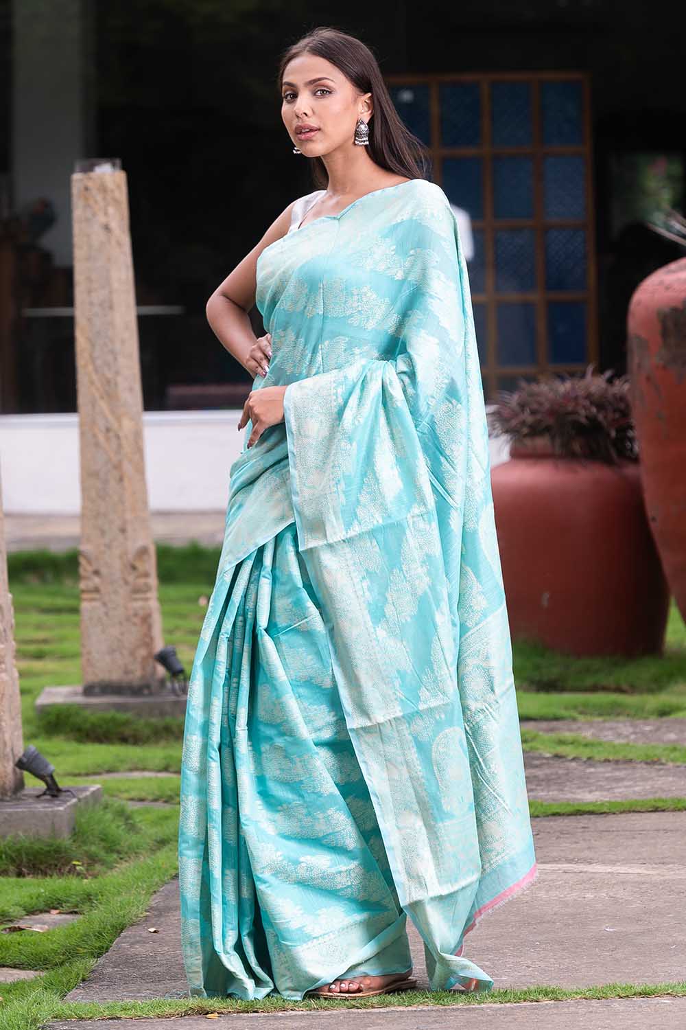 Baby Blue Lukhnavi Cotton Saree