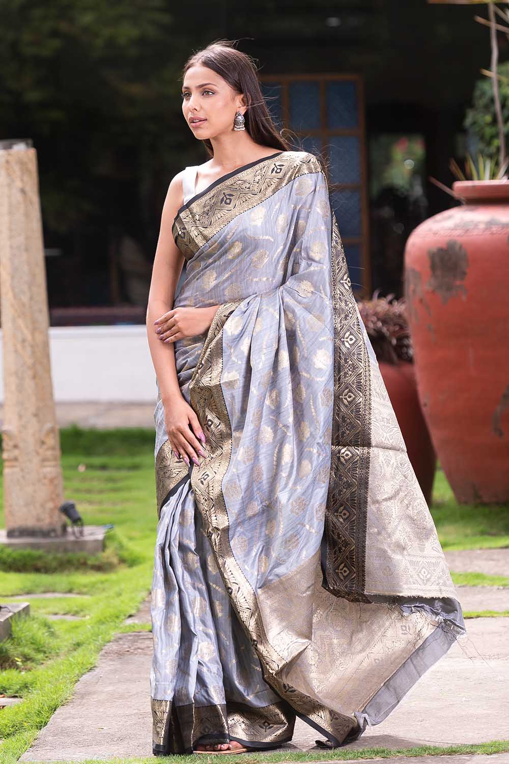 Pewter Grey Tussar Silk Saree