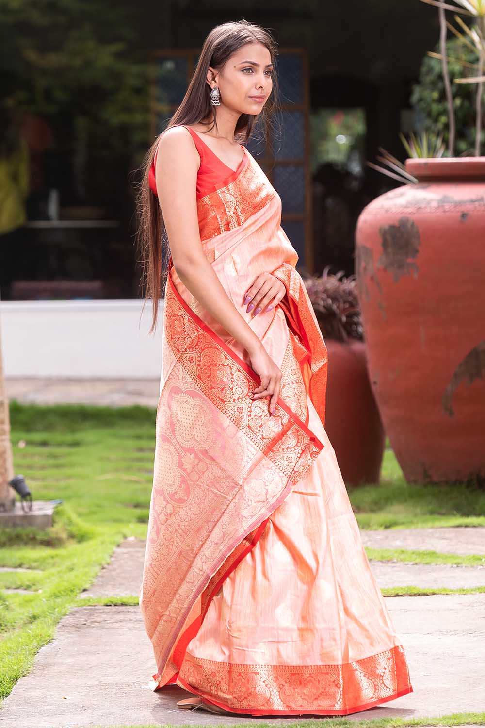 Flamingo Pink Tussar Silk Saree