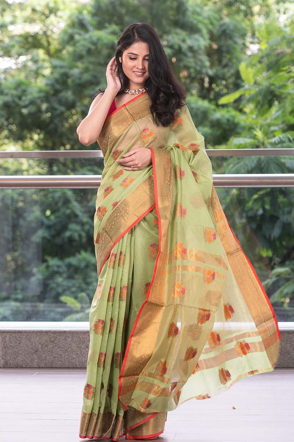 Mint Green Chanderi Cotton Saree