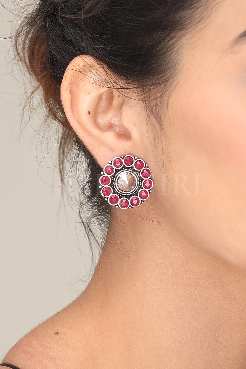 Circular Red Stone Small Earrings