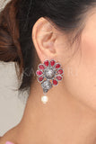 Red Stone Floral Design Silver Plated Earrings