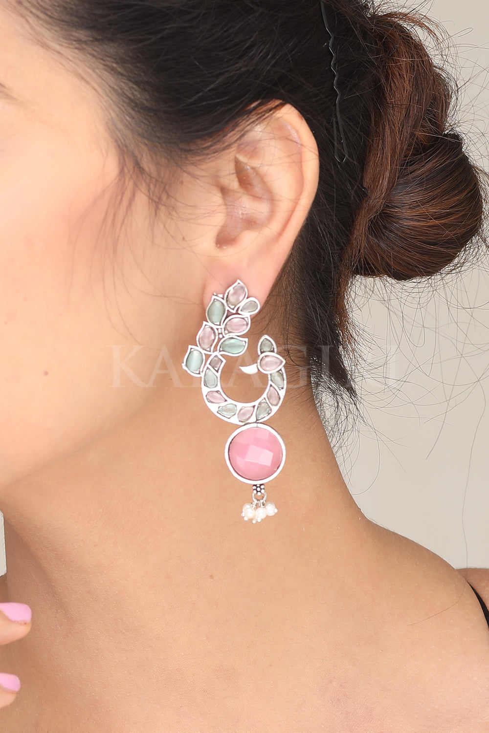 Pink Stone Design Silver Plated Earrings
