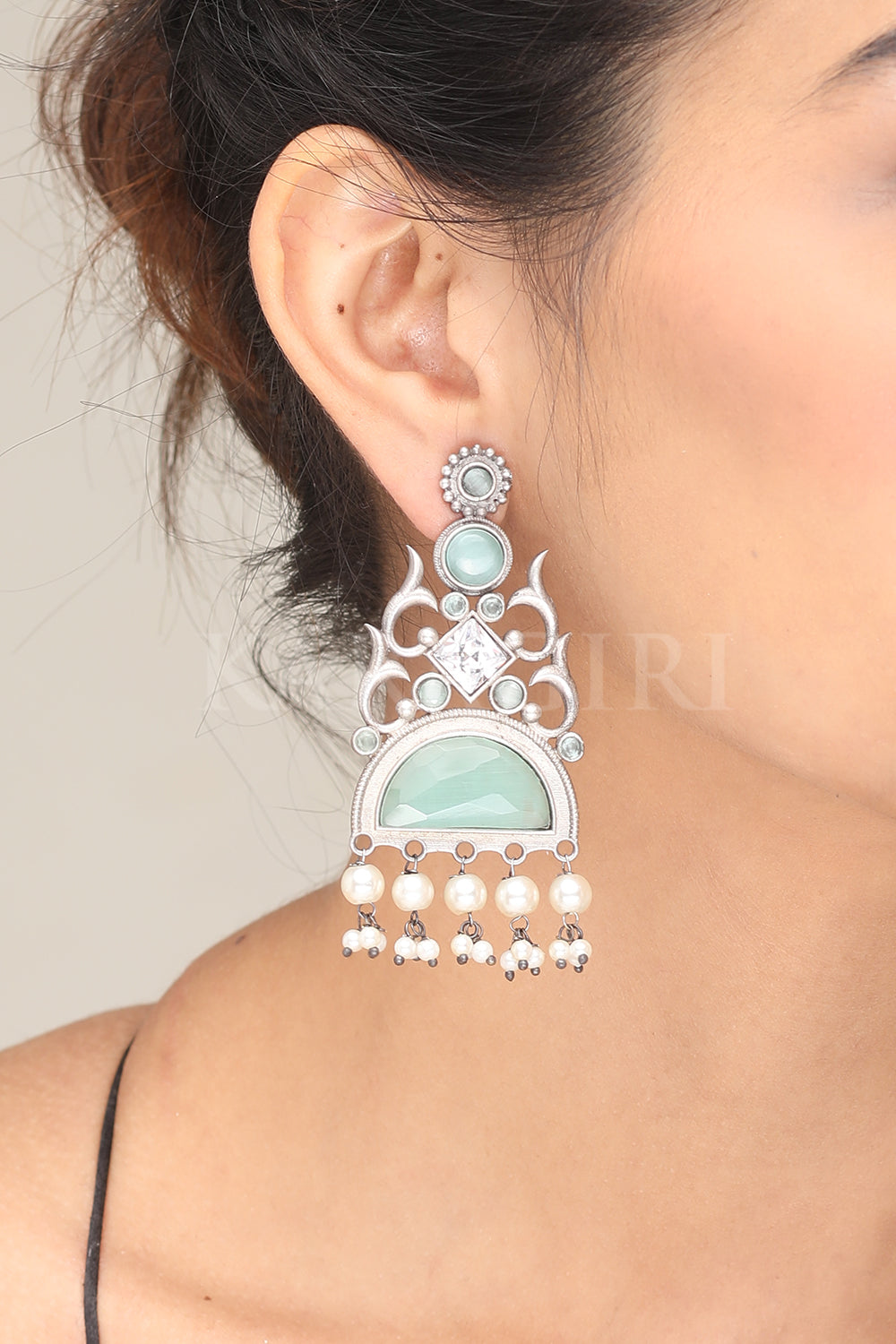 Semi Circular Blue Stone Earrings