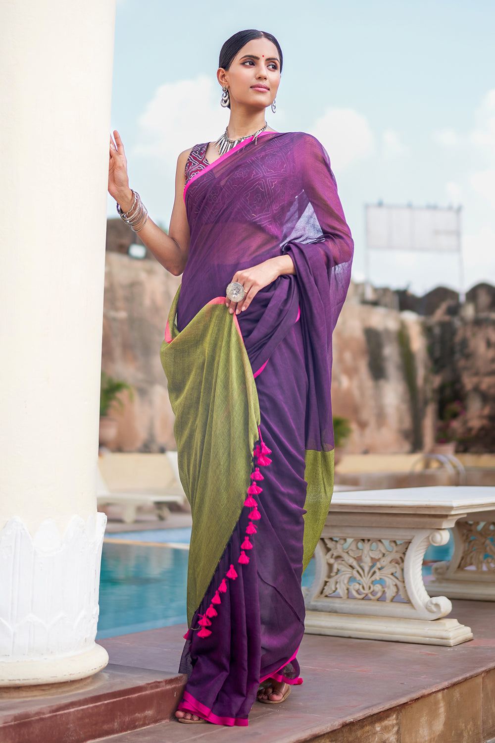 purple colour Saree with contrast designer blouse collection.. - YouTube