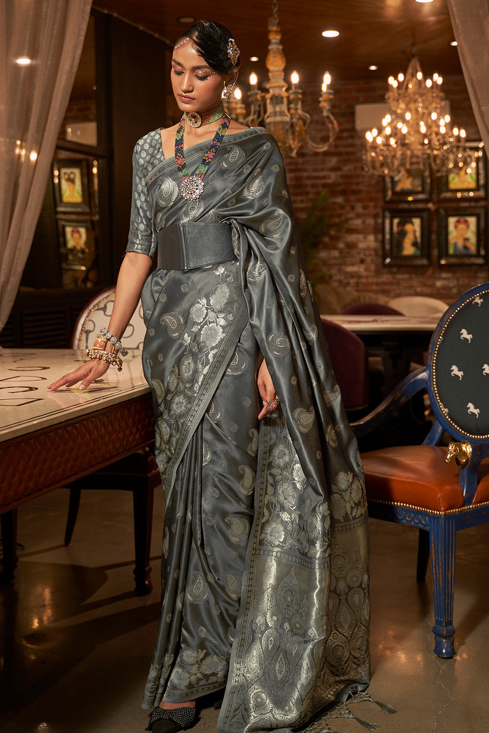 Buy Fog Grey Satin Crep Saree online-Karagiri | FESTIVE SALE