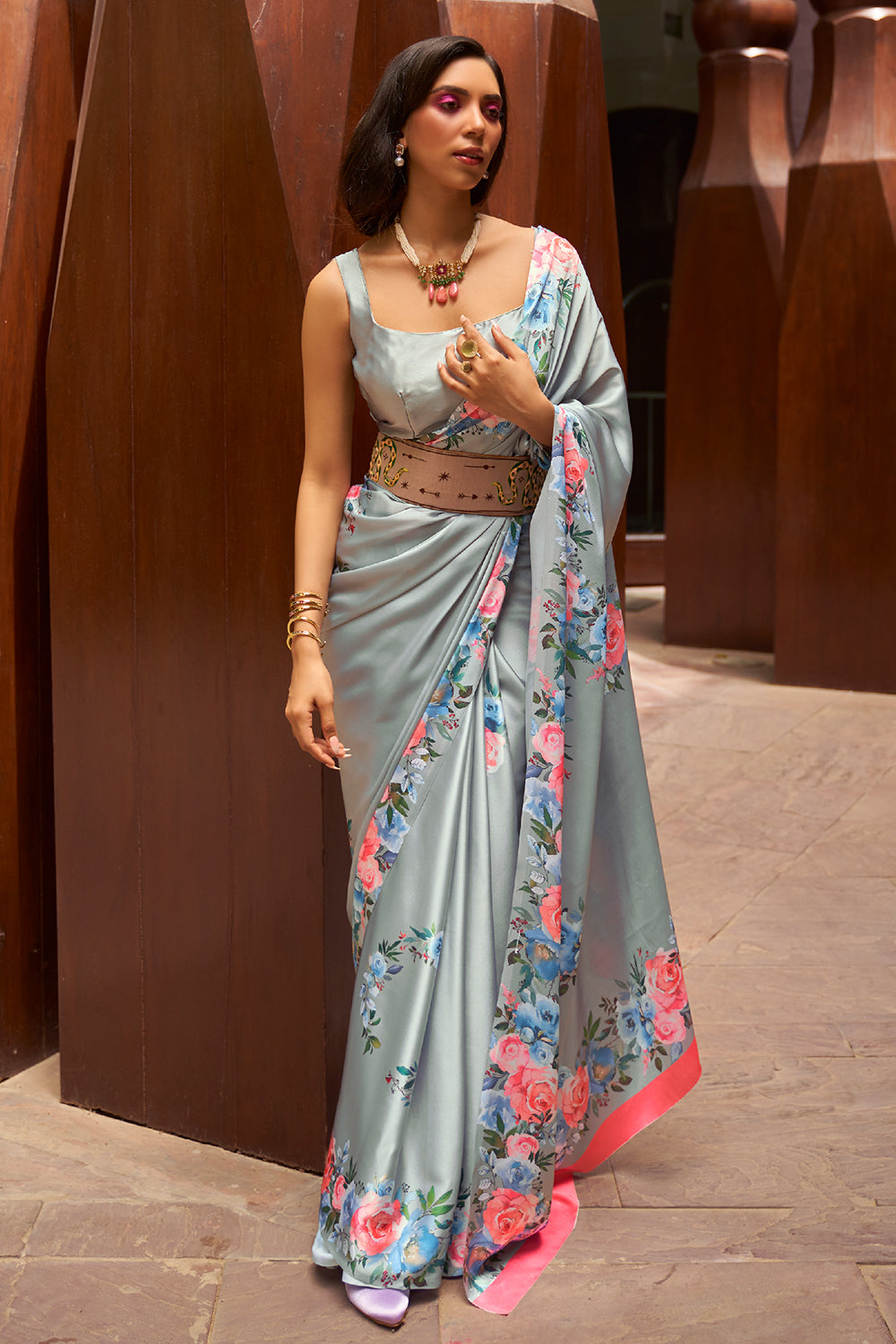 Cloud Grey Digital Print Saree