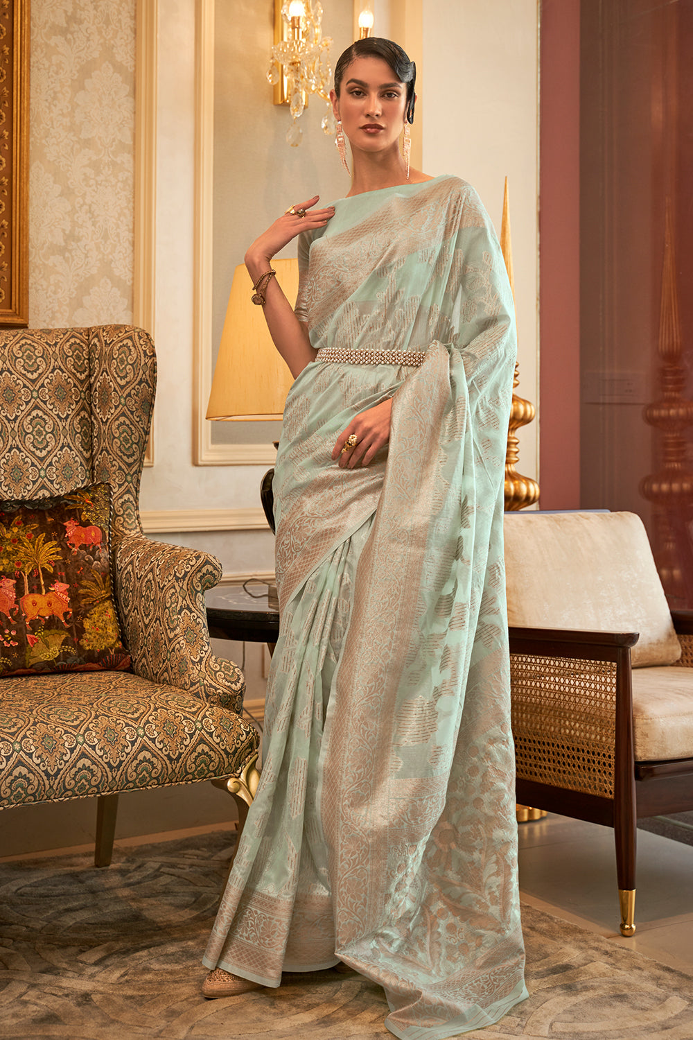 Mint Green Linen Saree