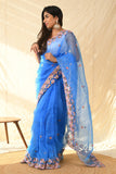 blue organza saree