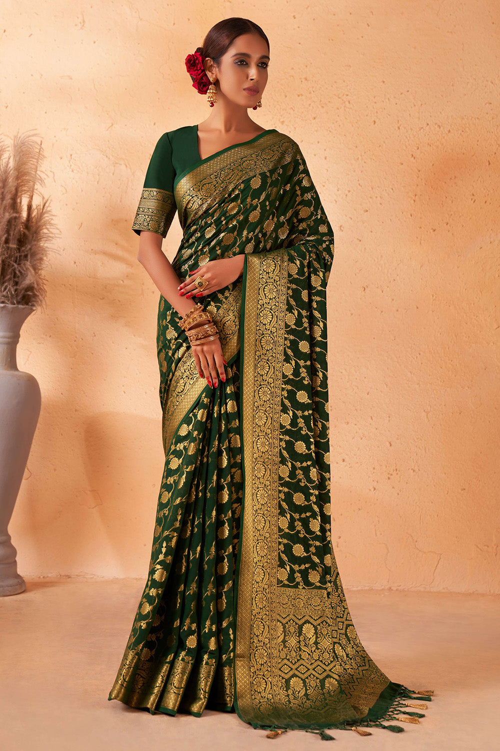 Dazzling Dark Green Colored Designer Georgette Saree – Designer mart