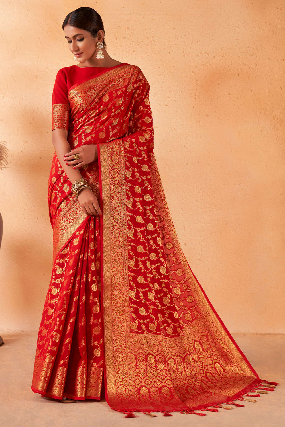 Crimson Red Georgette Saree