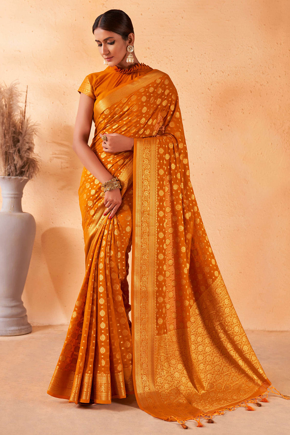 Mustard Yellow Georgette Saree