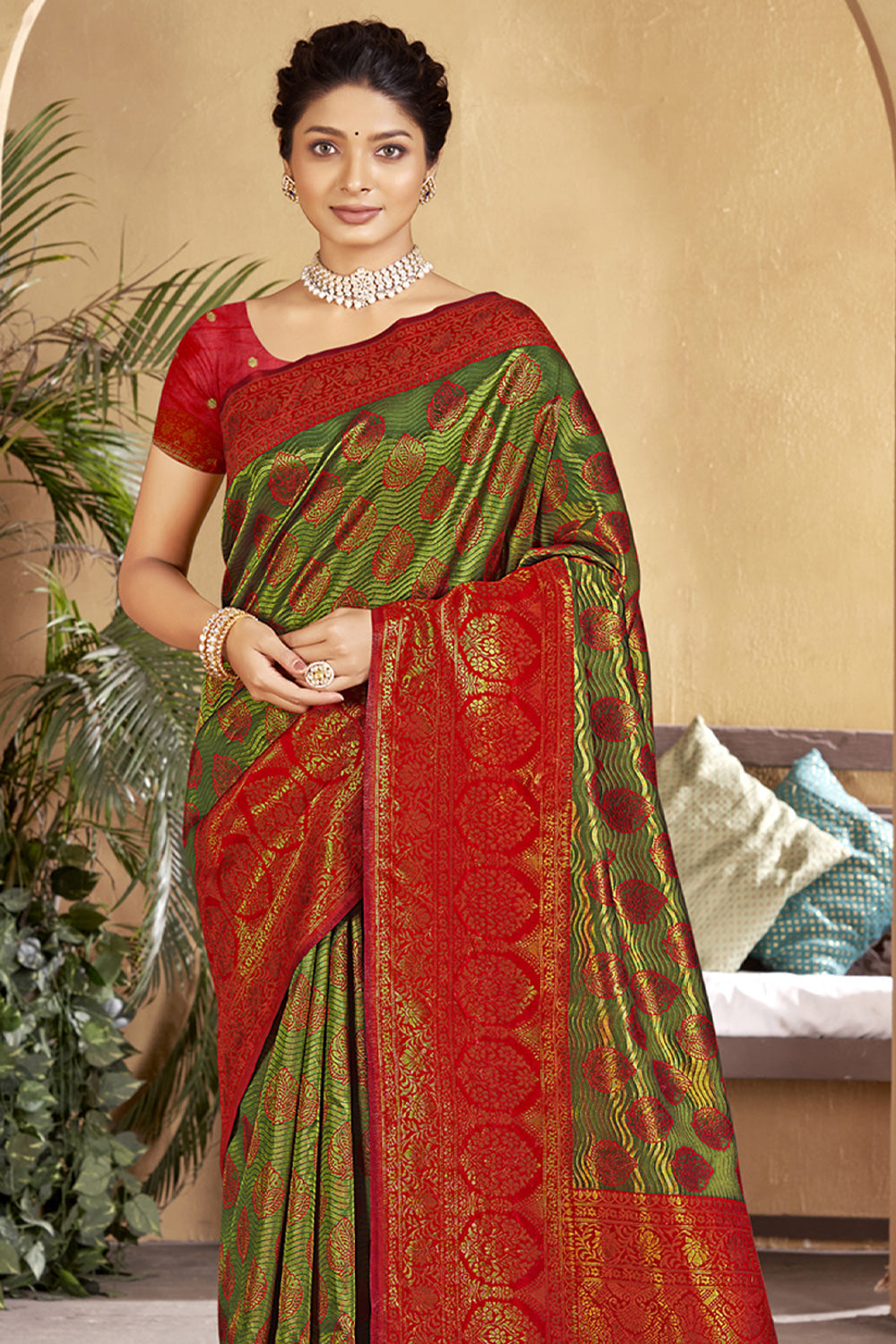 Red And Green Banarasi Silk Saree