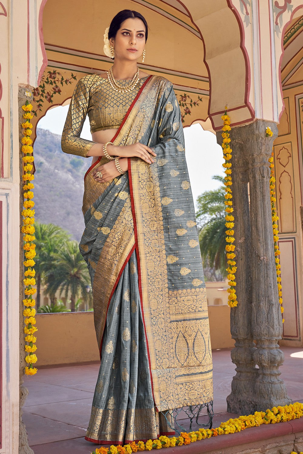 grey raw silk saree