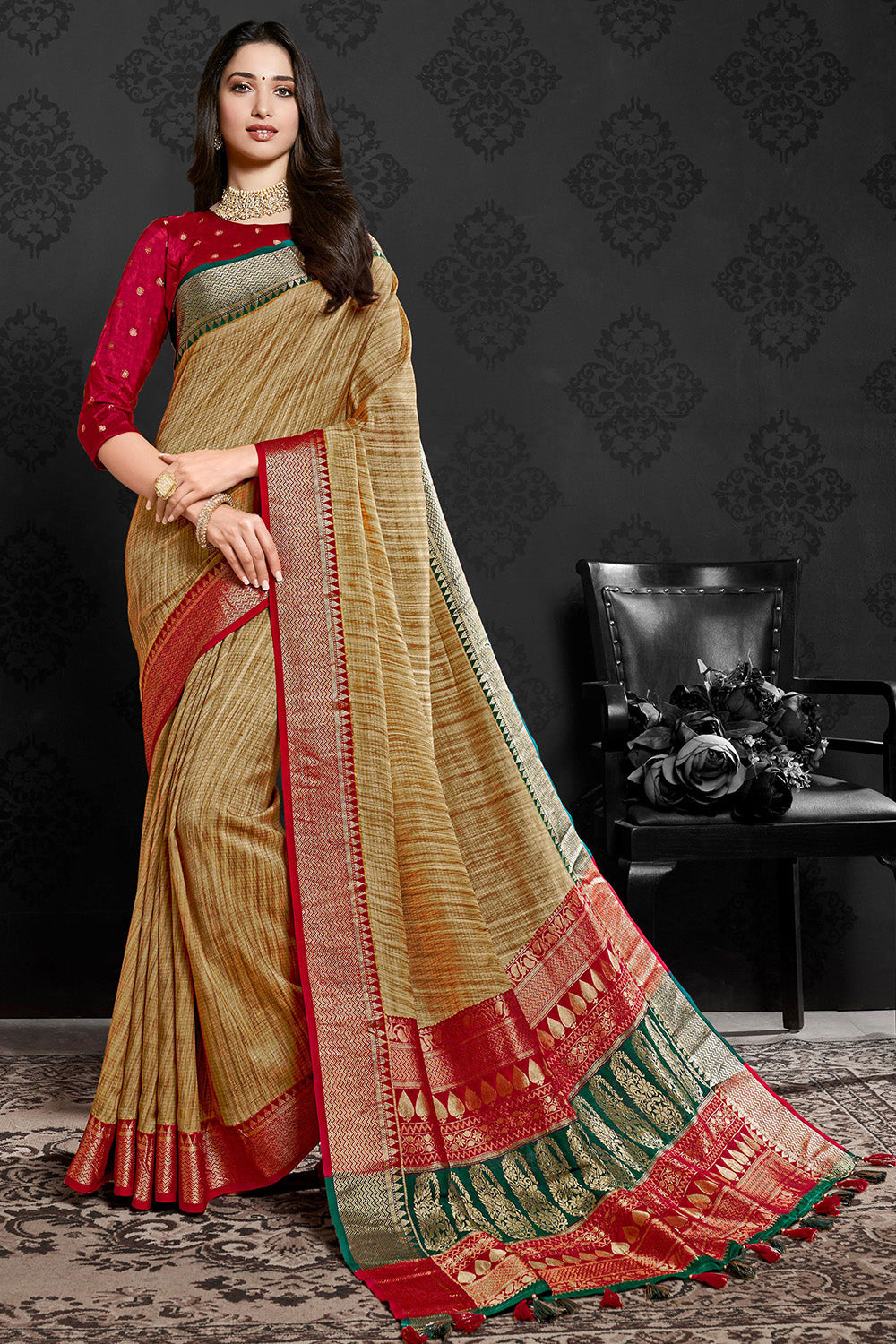 Beige Viscous Silk Saree