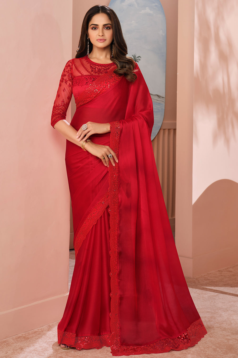 Buy online Aaritra Fashion Rainbow Moss chiffon stripped zari saree - Red -AF116