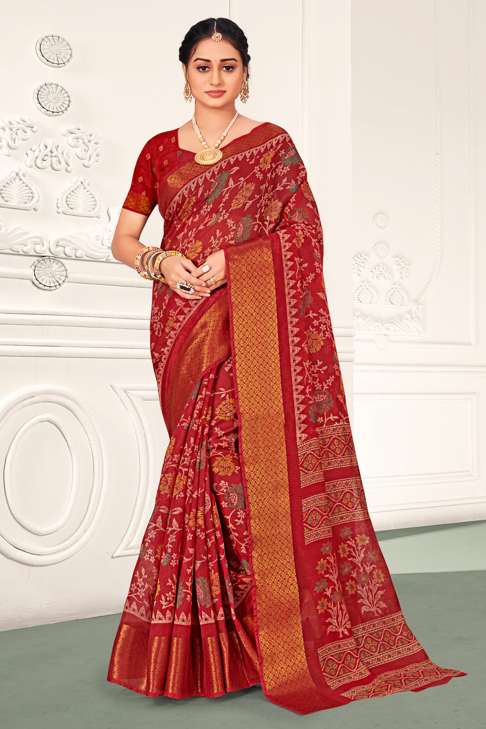 Red And Beige Cotton Saree