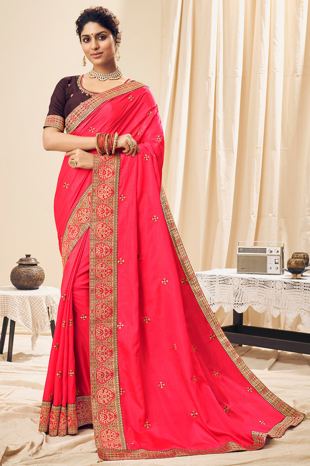 Rose Pink Stripes Saree | Drape Divaa