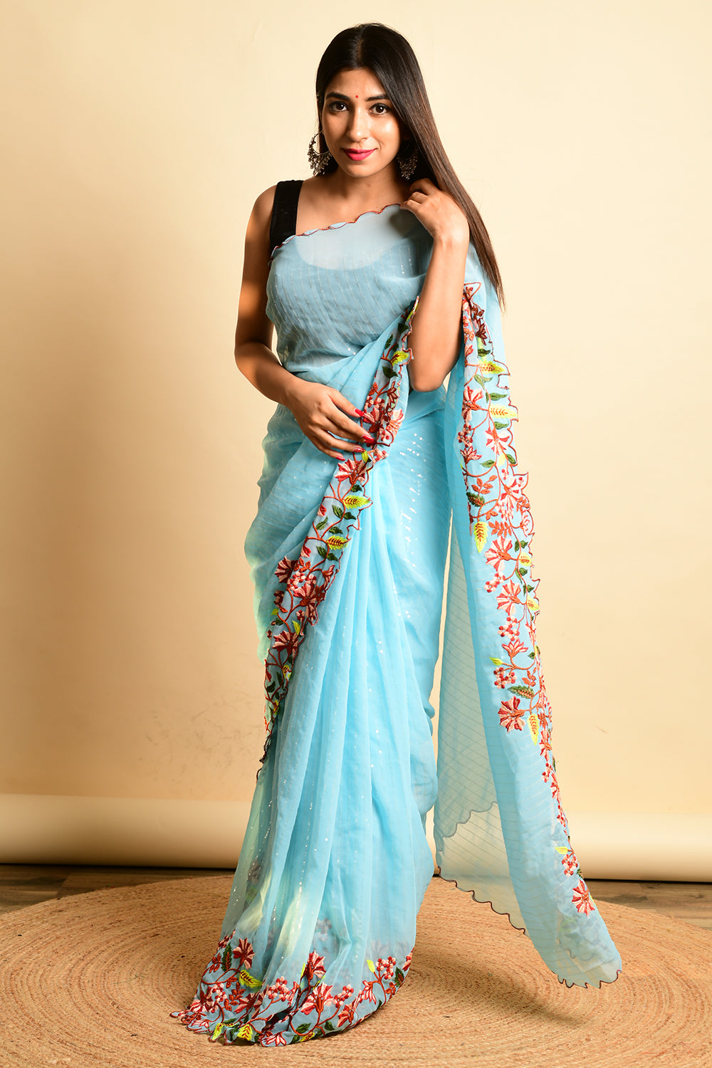 Royal blue georgette saree with stone work