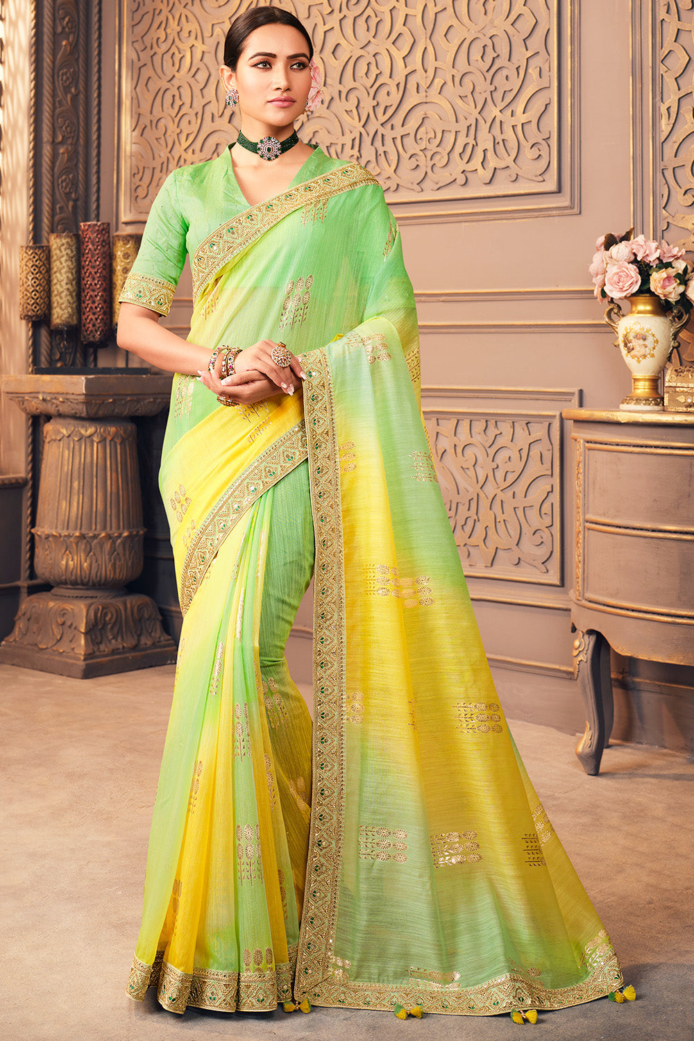 Buy Green Saree Georgette Blouse Mesh Embroidered Resham And Mirror With  For Women by Nikita Vishakha Online at Aza Fashions.