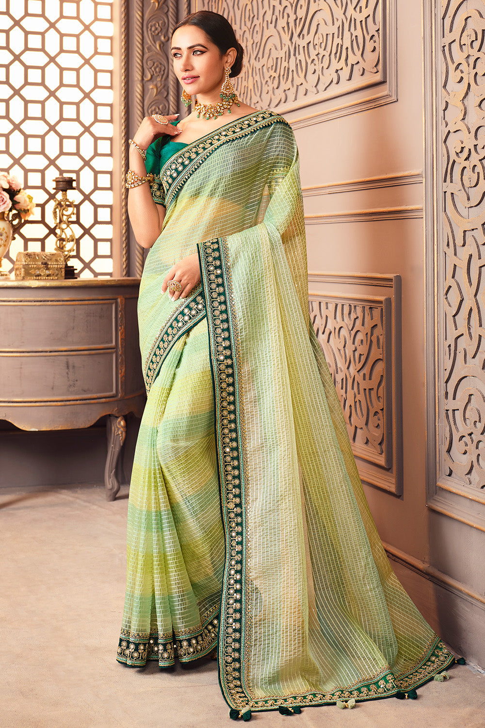 green organza saree