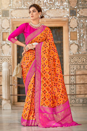Pink & Yellow Patola Saree With Zari Weaving Work | Raw silk saree,  Traditional sarees, Saree