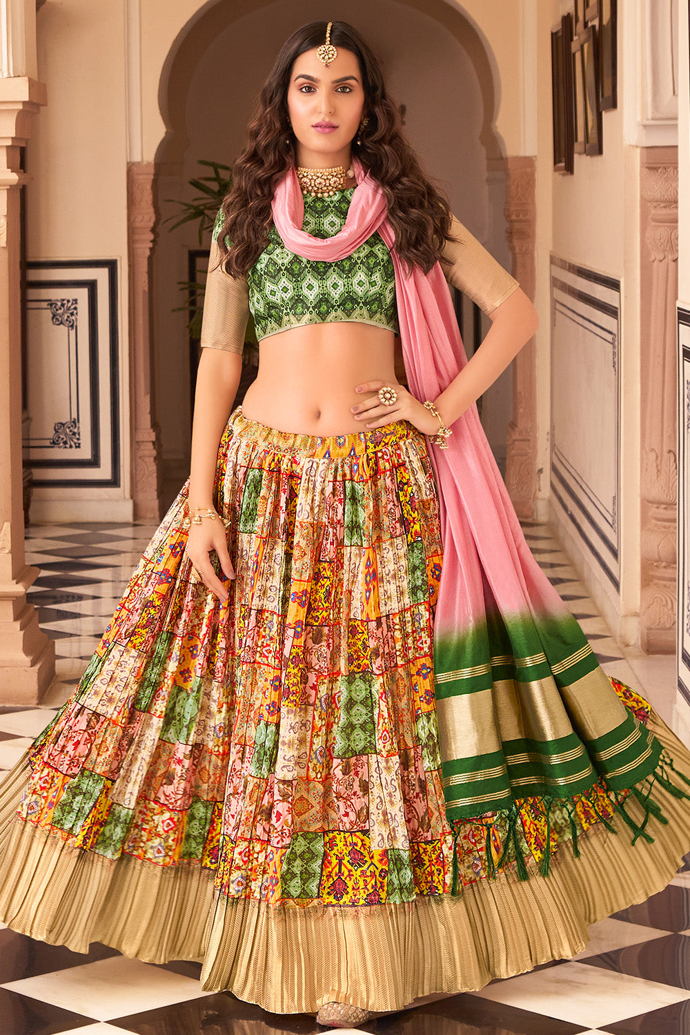 Multicolor Crush Satin Lehanga Choli