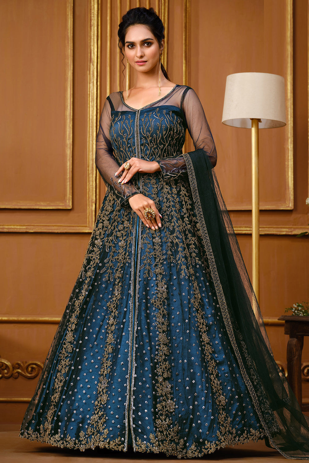 W Dark Blue Glitter Printed Festive Plus Size Insta Saree Dress