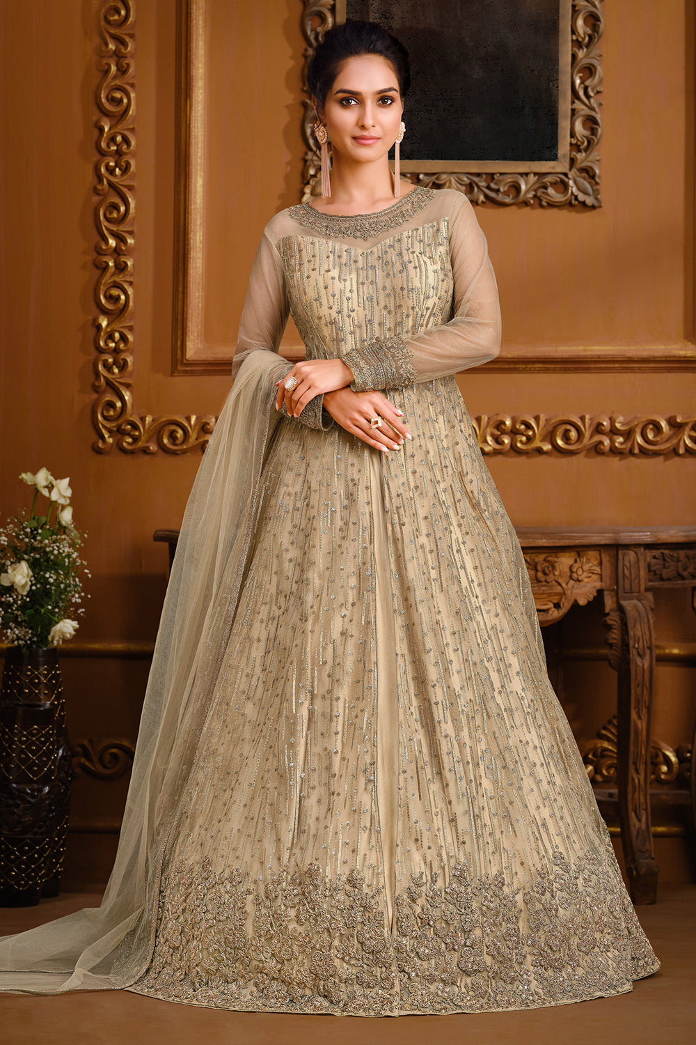 Fawn Color Georgette Sequins Embroidered Floor Length Anarkali Gown wi