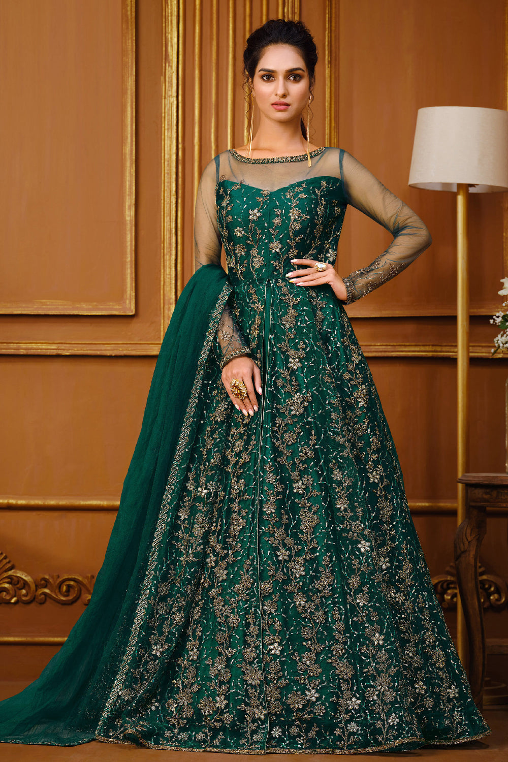 Emerald Green Ikat Printed Anarkali Gown with Dupatta