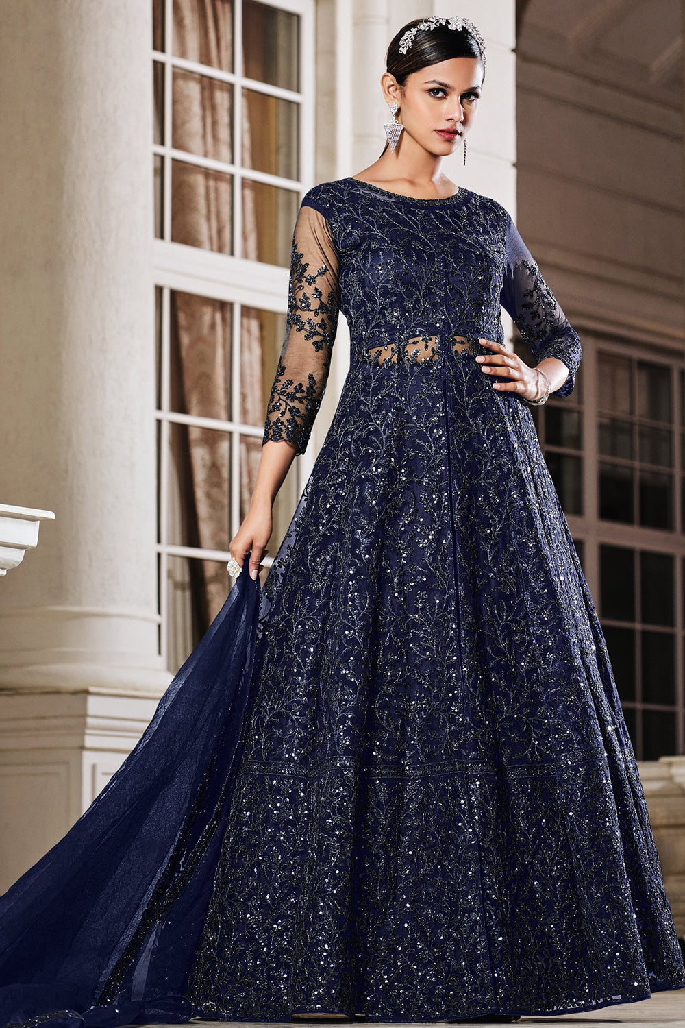 Buy Navy Blue Anarkali Dresses Online | KalaNiketan