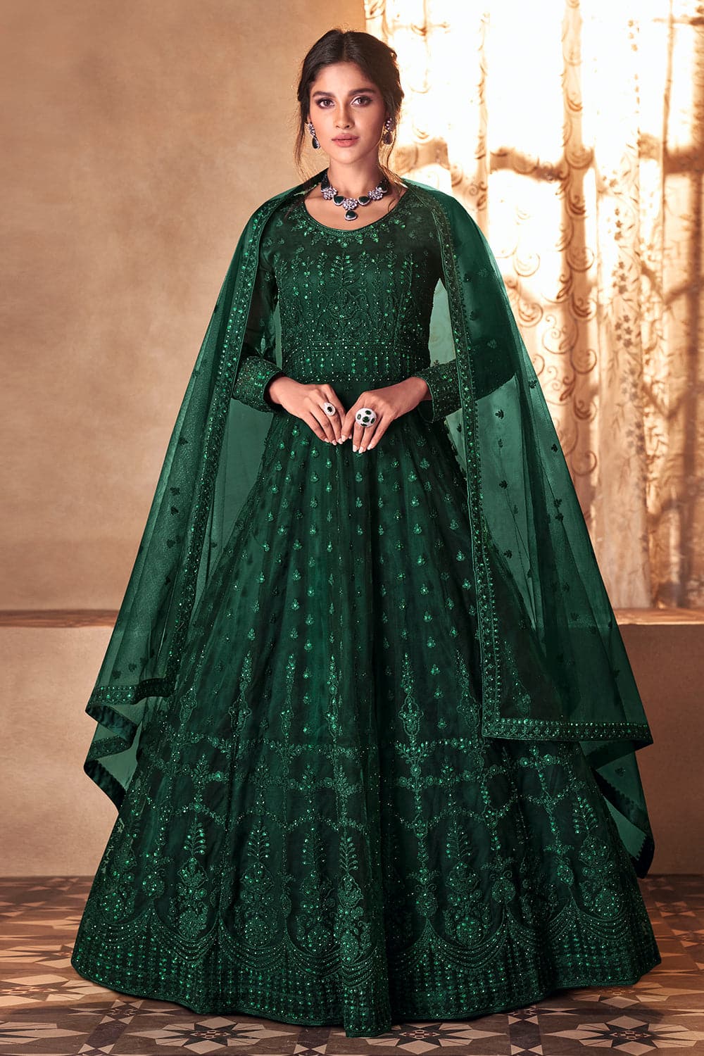 Buy S S FAB dhami Green Gown@# Embroidered Anarkali Silk Blend Green Full  Sleeve Collared Neck Semi Stitched Women Party & Festive Gown at Amazon.in