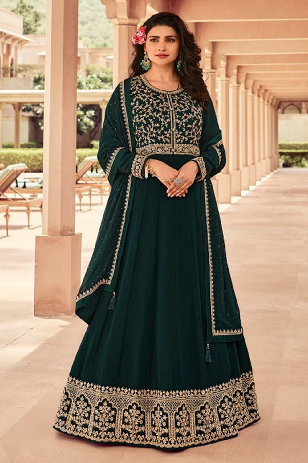Buy Party Wear Green Thread Work Georgette Gown With Dupatta Online From  Surat Wholesale Shop.