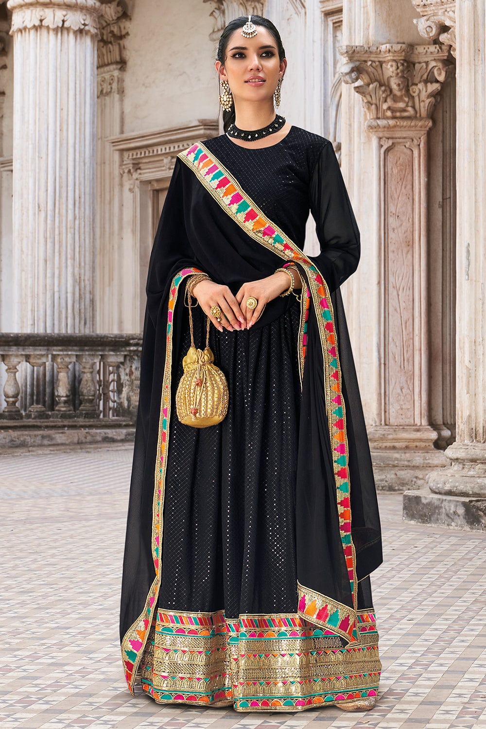Elegant Black Anarkali Gown And Dupatta Set - Vatki Store - 4251238
