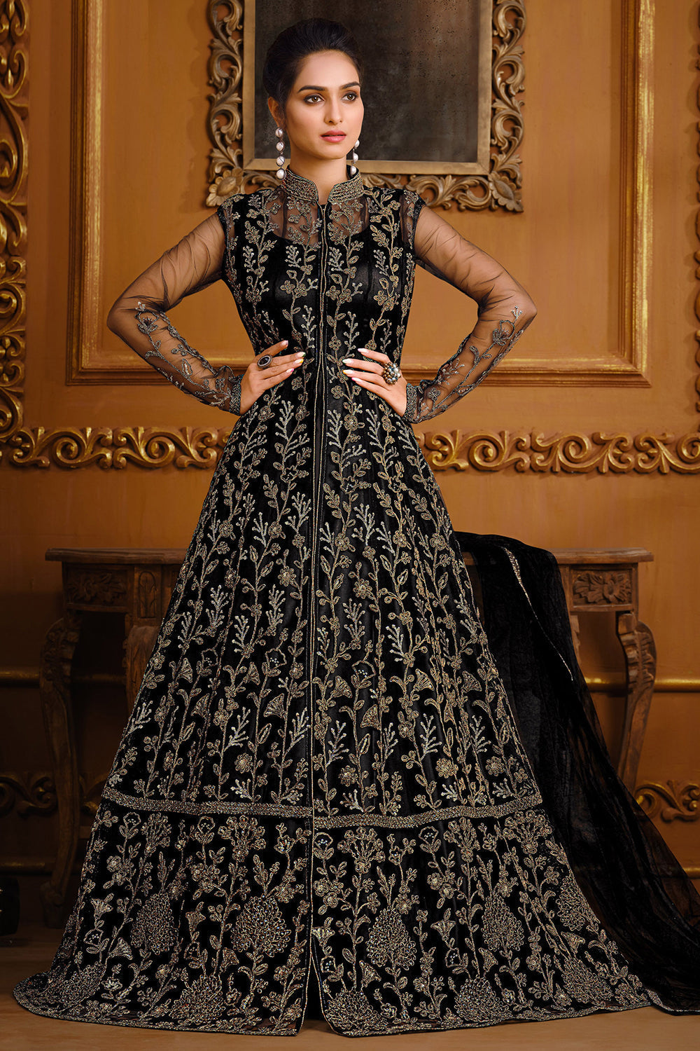 Ethereal pure organza black anarkali gown with canvas patta – Organza Mall