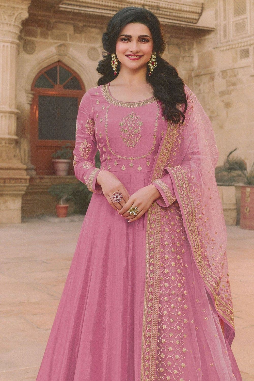 Buy Azalea Pink Anarkali Suit In Georgette With Floral Print And Zari Work  KALKI Fashion India