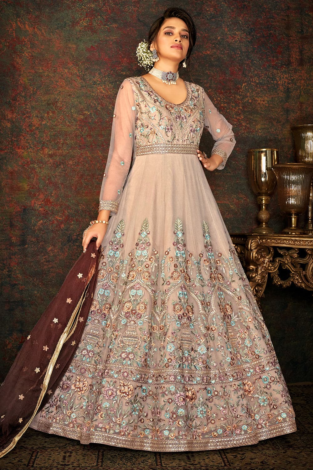 Shop Blue Embroidered Anarkali Gown Online in USA with Grey Dupatta – Pure  Elegance