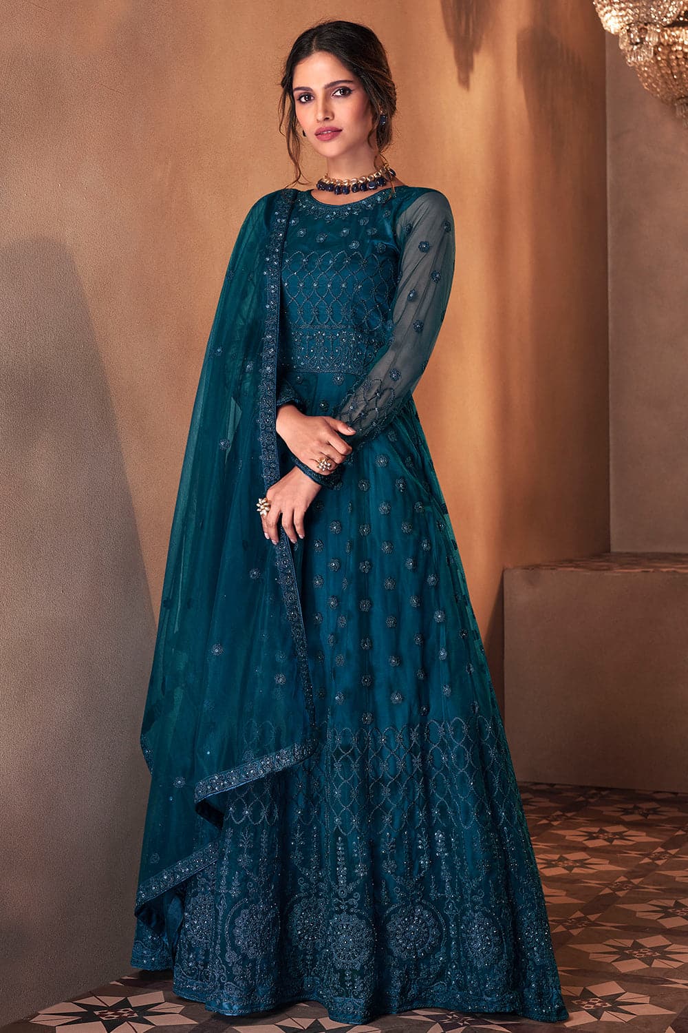 Buy Light Blue Georgette Anarkali Set With Lucknowi Embroidery