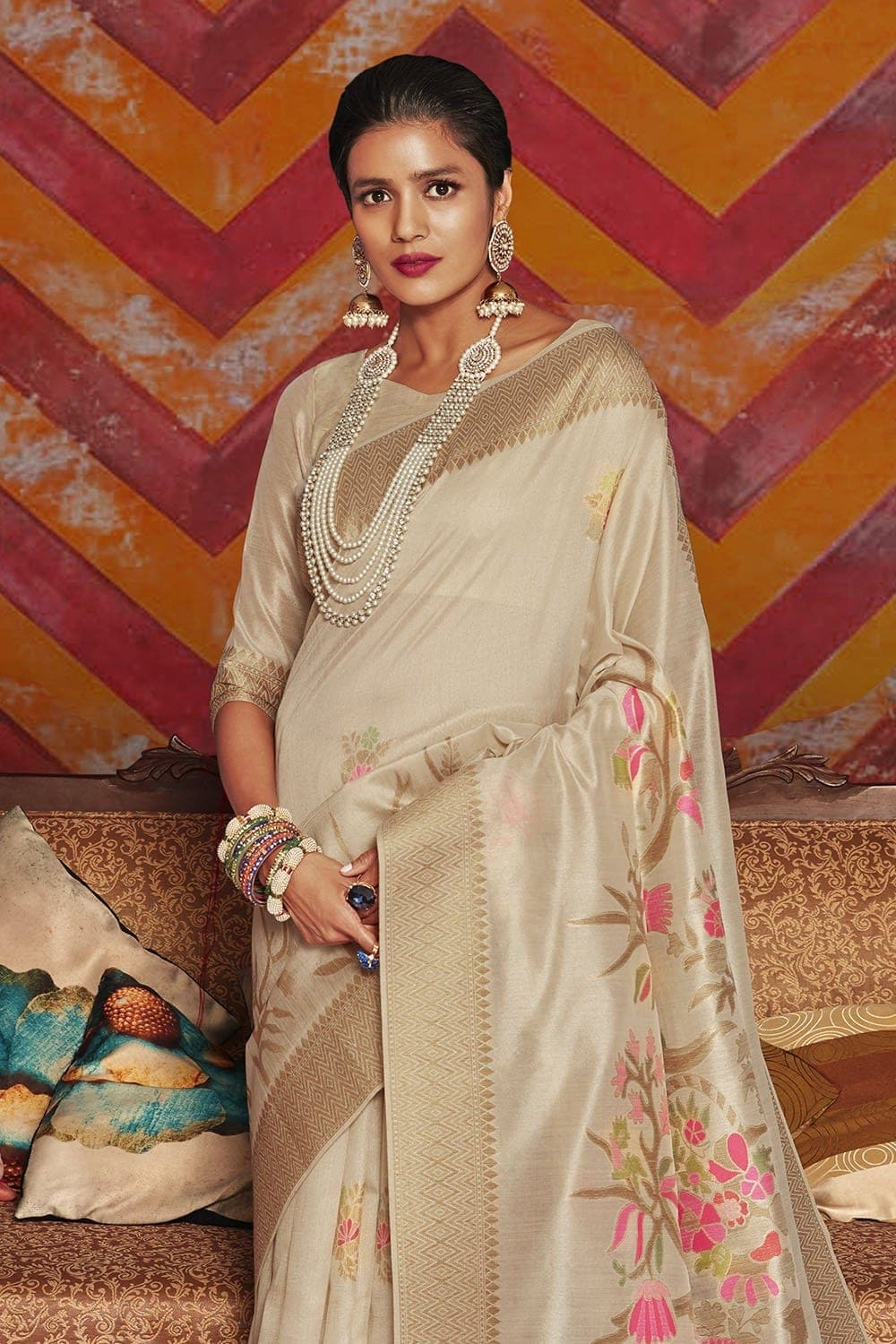 Beige Gold Banarasi Chanderi Saree