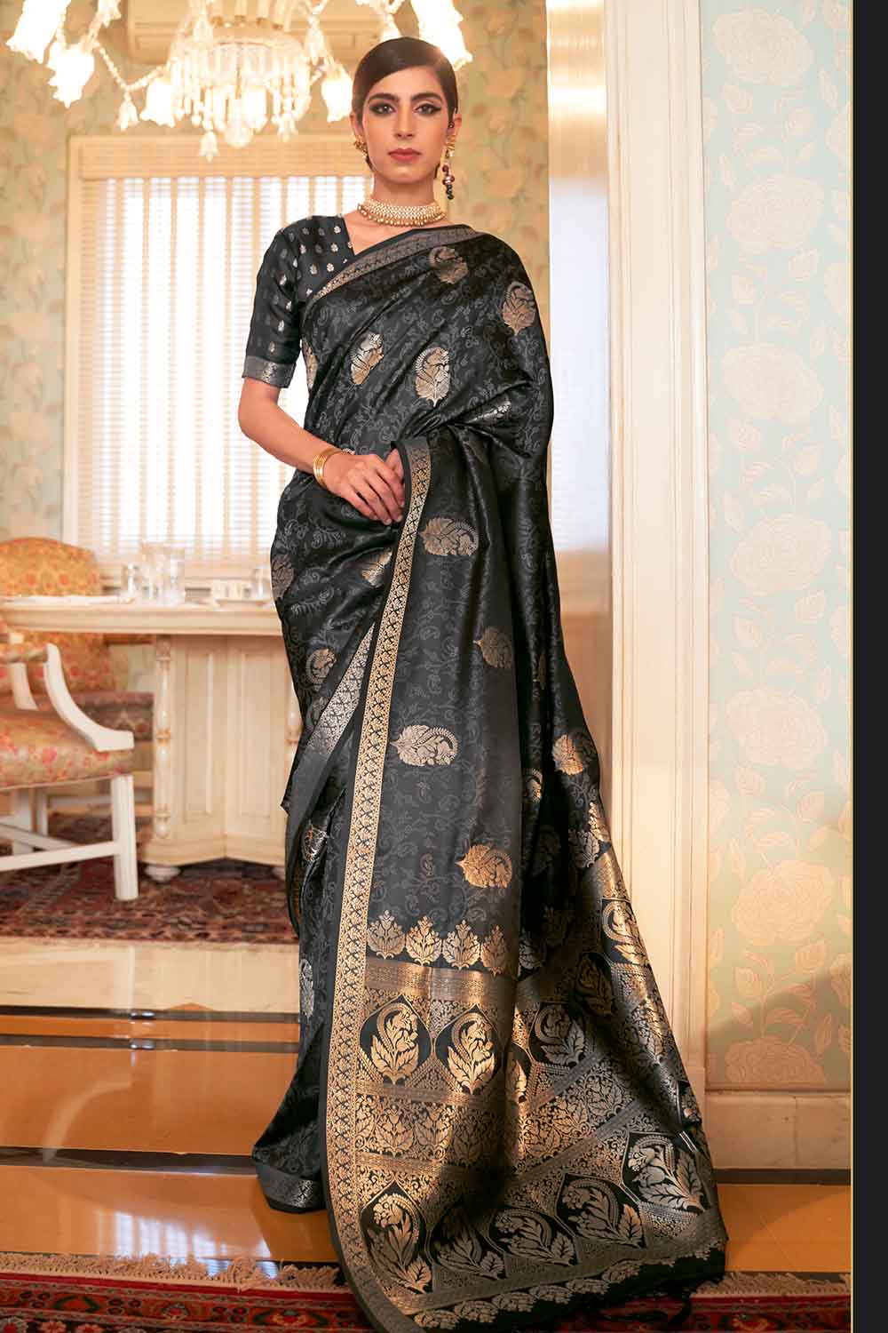 Black chanderi Silk Saree – For Sarees