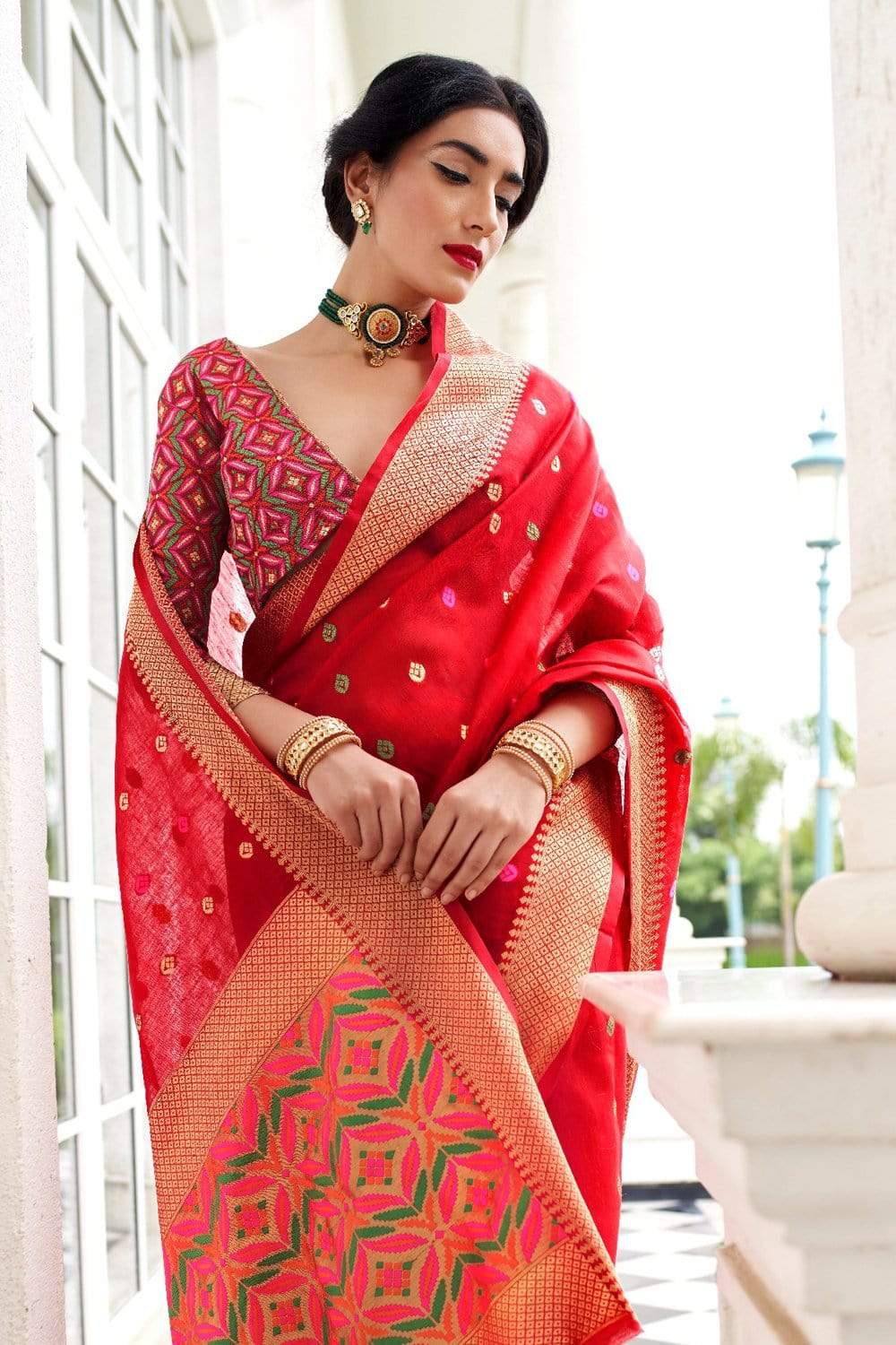 Red Chanderi Silk Saree - Byhand Kochi
