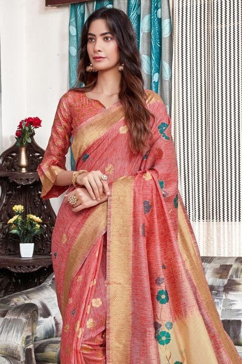 Coral Pink Banarasi Chanderi Saree