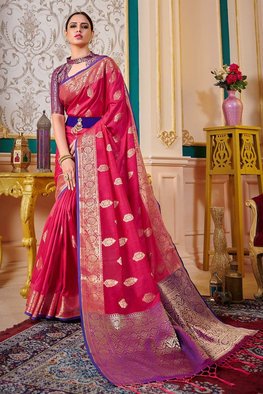 Buy Pink Chanderi Silk V Neck Saree With Blouse For Women by Deep Thee  Online at Aza Fashions.