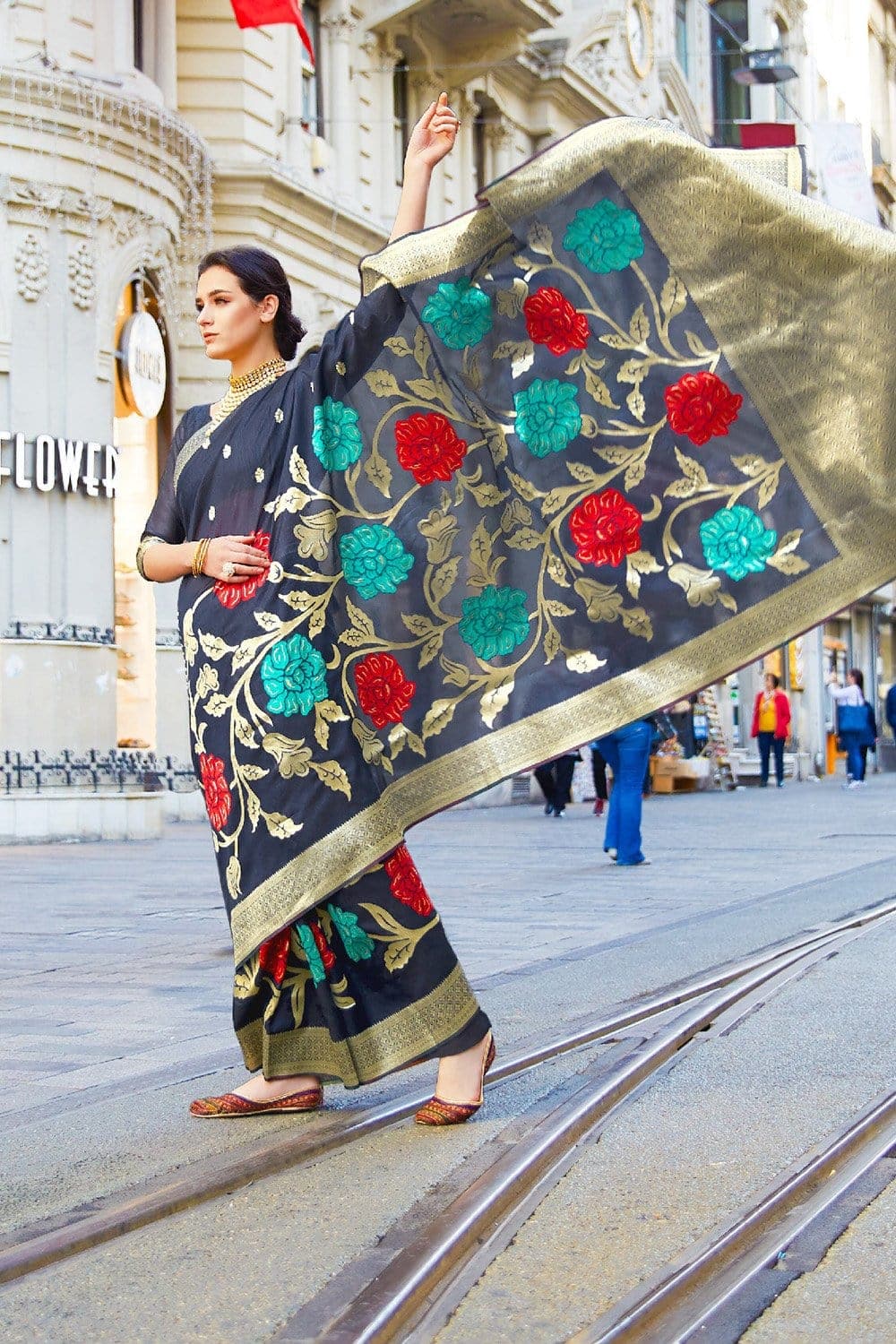 Banarasi - Chanderi Saree Denim Blue Zari Woven Banarasi Chanderi Saree saree online