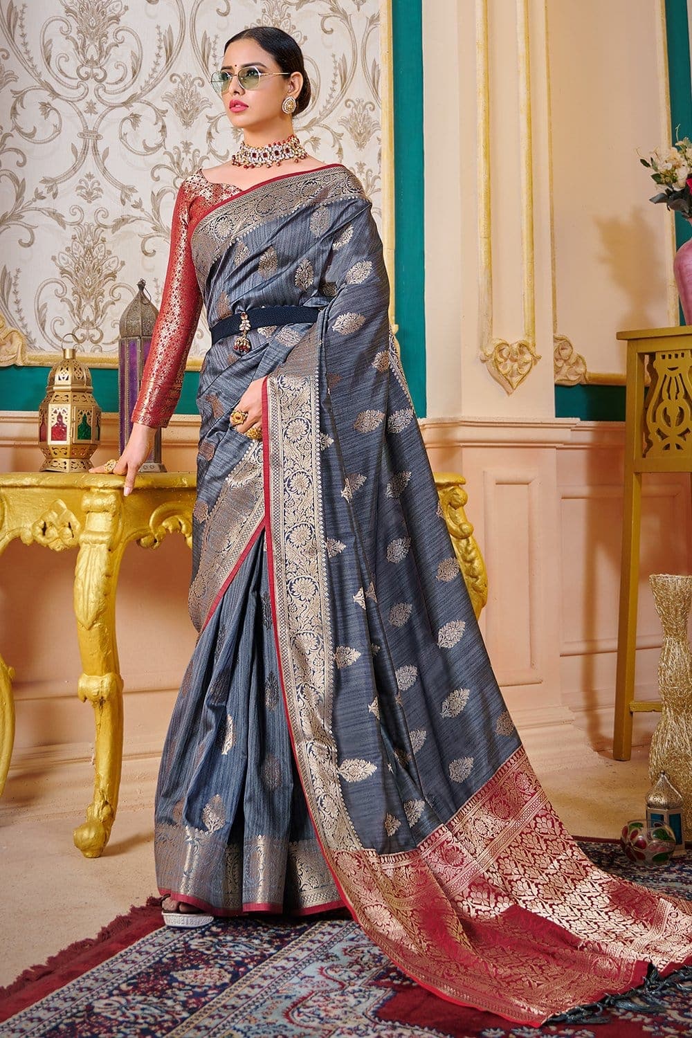 Light Blue Pure Silk Cotton Chanderi Saree | Taneira Online Store