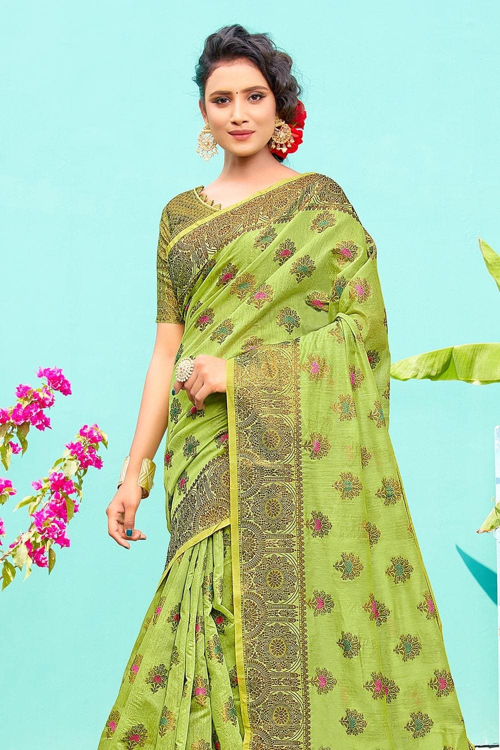 Kelly Green Banarasi Chanderi Saree