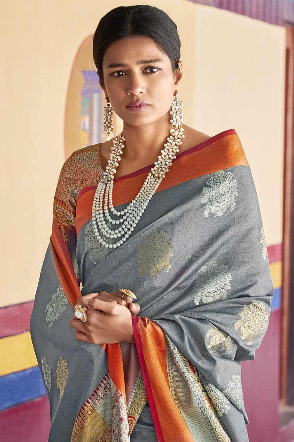 Banarasi - Chanderi Saree Lava Grey Woven Chanderi - Banarasi Fusion Saree saree online