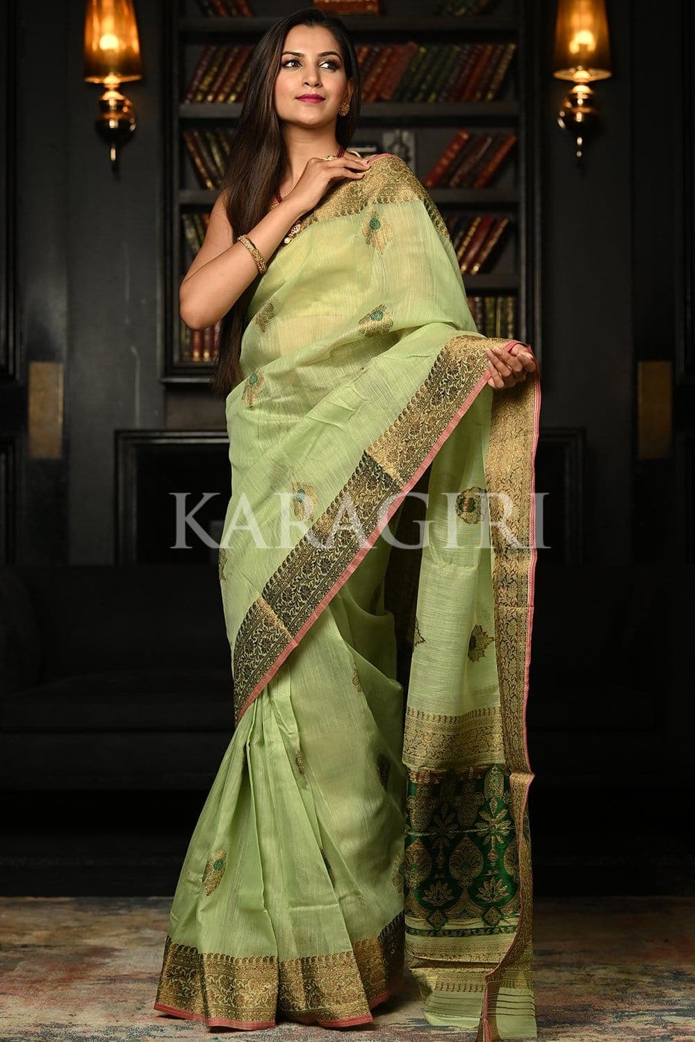 Green Floral Printed Chanderi Saree