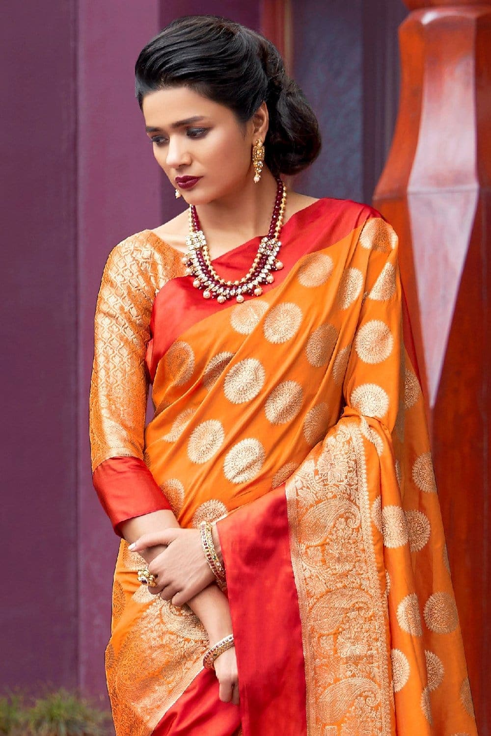 Monarch Orange Woven Chanderi - Banarasi Fusion Saree